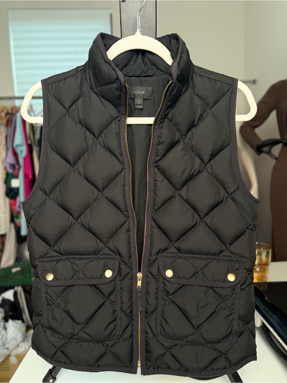 J.Crew Excursion Quilted Puffer Vest Black Down Fill Gold Hardware Small